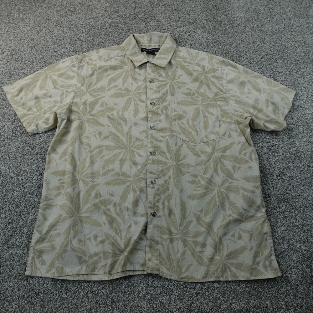 ExOfficio Shirt Mens XL Beige Tan Palm Leaf Tropical Hawaiian Button Up Camp